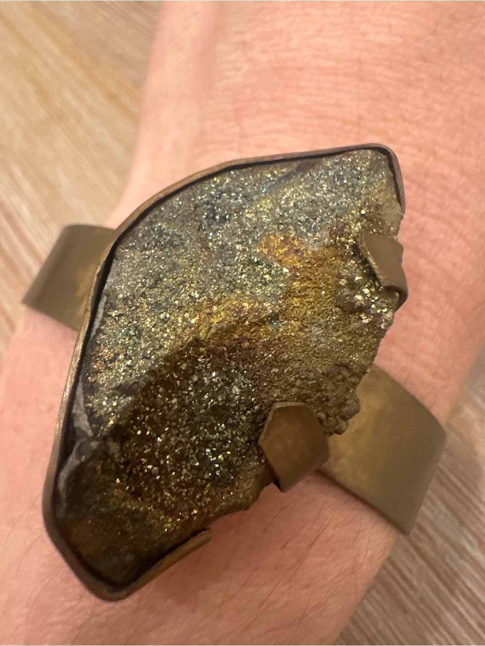 Raw Pyrite Druzy Statement Open-Cuff Brass Bracelet